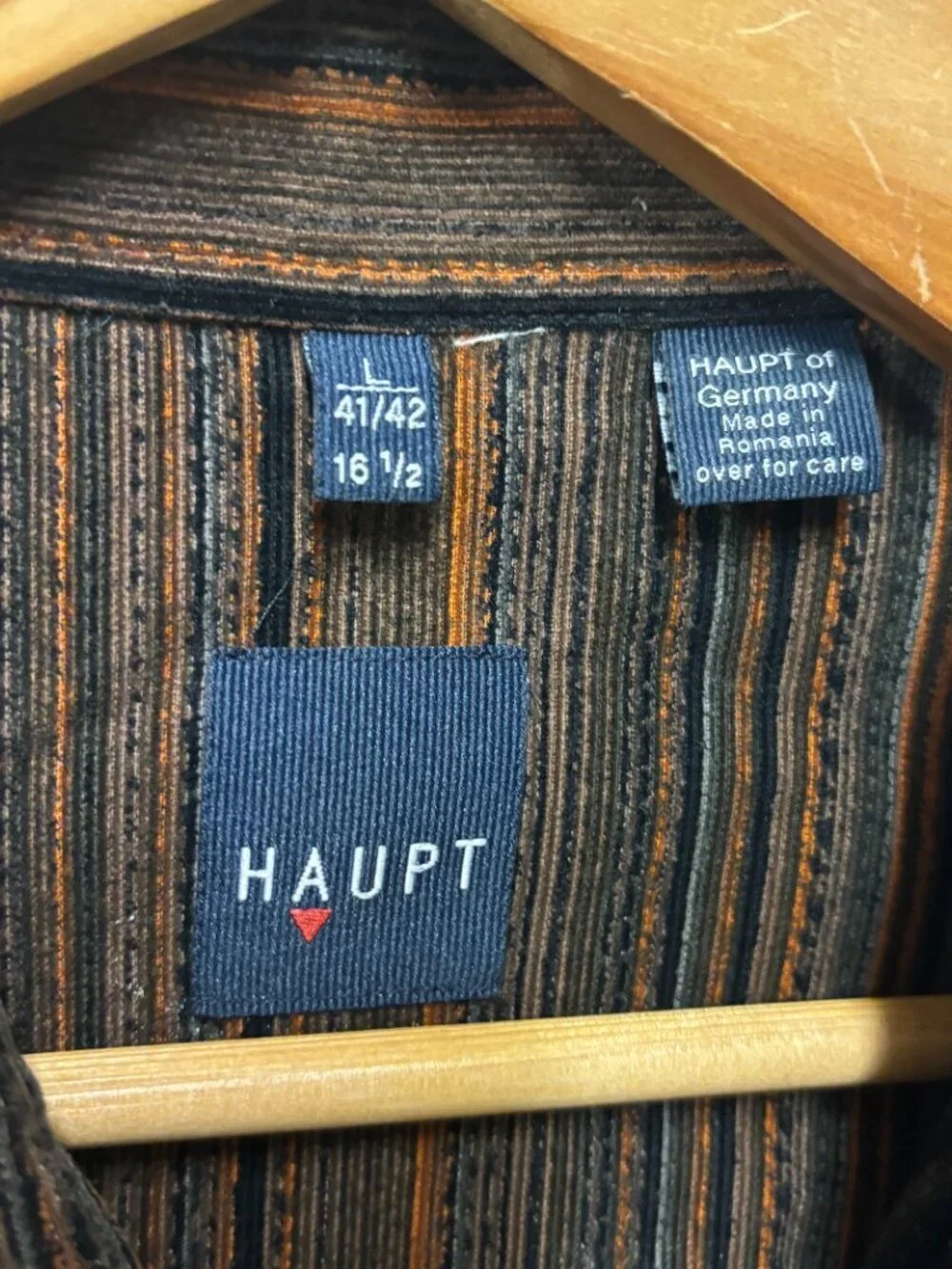 HAUPT of Germany Shirt Mens L 16.5 Brown Orange Stripe Corduroy Button Up Vintag